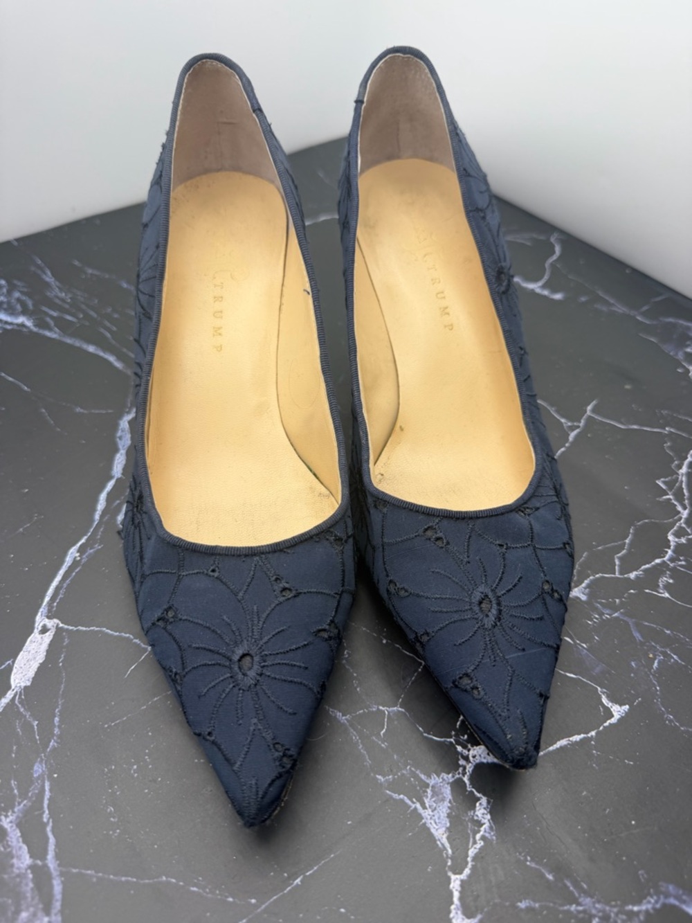 Ivanka Trump Navy Floral Embroidered Pointed-Toe Pumps